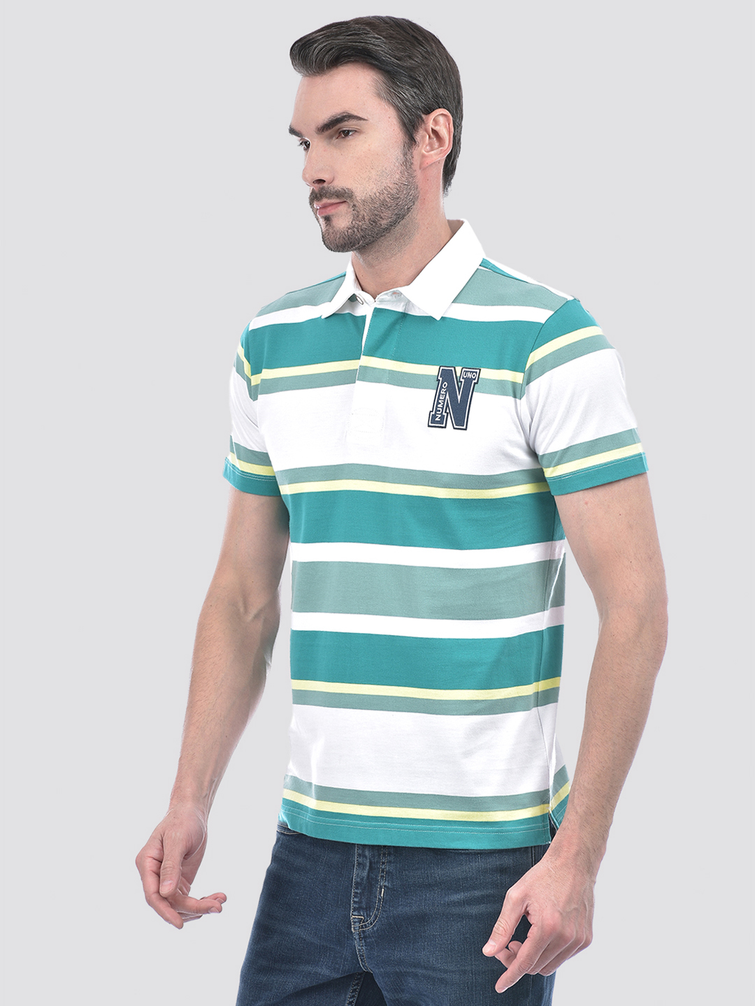 Numero Uno Men Green Striped Polo T-Shirt